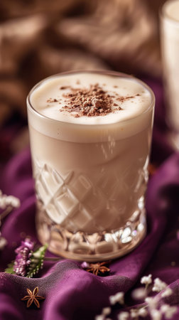 A delicious and creamy chai latte with a sprinkle of cinnamon on top The drink is served in a clear glass with a purple fabric backdrop and star anise Perfect for a cozy autumn day AI Generativeの素材
