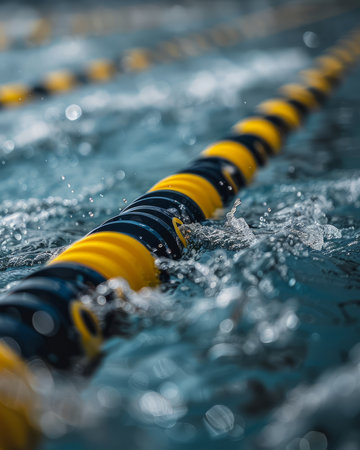 A close-up shot of a black and yellow lane rope in a swimming pool The water is rippling and creating a sense of motion The rope is a symbol of competition and hard work This photo could be used for a variety of purposes, including advertising, editorial, and social media AI Generativeの素材