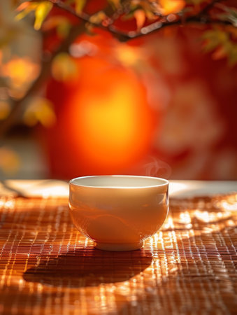 A steaming cup of tea rests on a bamboo mat, bathed in warm sunlight The background features a soft focus of autumn leaves, creating a tranquil and inviting scene Perfect for representing peace, relaxation, and the beauty of nature AI Generativeの素材