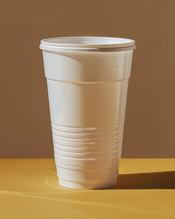 A white plastic cup with a lid on a yellow background The cup is empty and has a slight shadow from the light source  The image is well-lit and the cup is in focus  Perfect for your designs and projects AI Generativeの素材