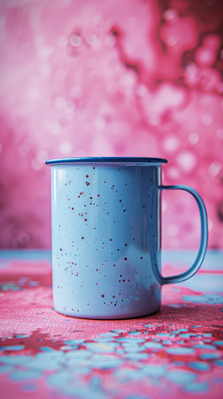 A vintage blue enamel mug with a sprinkle of silver glitter The mug is sitting on a table with a pink and blue background The photo has a dreamy, vintage feel Perfect for adding a touch of whimsy to your designs AI Generativeの素材