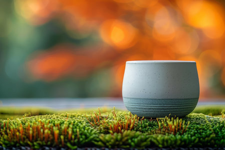 A simple white ceramic cup sits on a bed of green moss, with a blurred background of warm autumn colors The image evokes tranquility and a sense of natural beauty Perfect for designs related to tea, nature, or mindfulness AI Generativeの素材