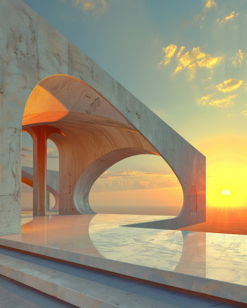 A minimalist concrete structure with a view of a breathtaking sunset The arches create a sense of perspective and the reflecting pool adds a touch of serenity Perfect for architectural, design, and travel themes AI Generativeの素材