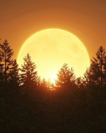 A breathtaking view of a full moon rising over a dark forest, bathed in warm golden light The trees stand tall and mysterious, creating a sense of wonder and tranquility Perfect for nature, fantasy, or otherworldly themes AI Generativeの素材