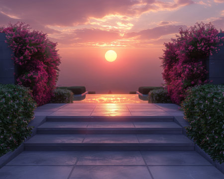 A breathtaking sunset over a serene landscape  The sun dips below the horizon, casting a warm glow on the lush greenery and sparkling water  A pathway leads up to the edge of the water, inviting viewers to explore this tranquil scene  Perfect for adding a touch of peace and serenity to any project AI Generativeの素材