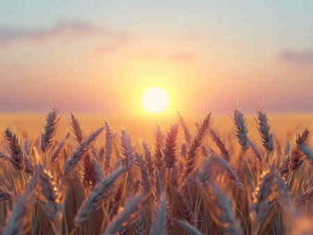 Golden wheat field bathed in the warm glow of a setting sun The sun is partially obscured by the wheat stalks, creating a beautiful and serene image Perfect for nature, agriculture, and harvest themes AI Generativeの素材