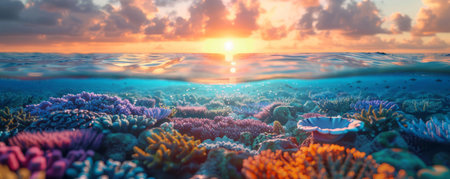 Vibrant coral reef flourishing beneath a breathtaking sunset sky The perfect blend of vibrant colors and nature's beauty AI Generativeの素材