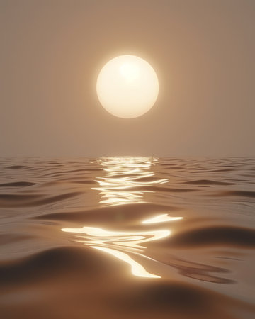 A serene sunset over a calm sea, with the sun reflecting off the water The warm colors and tranquil atmosphere create a sense of peace and serenity  Perfect for use in projects related to nature, relaxation, and travel AI Generativeの素材