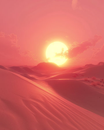 A vibrant sunset casts a warm glow over a vast desert landscape The sun hangs low in the sky, illuminating the rolling sand dunes with a fiery orange light The sky is a mix of pink and orange hues, creating a breathtaking scene of natural beauty AI Generativeの素材