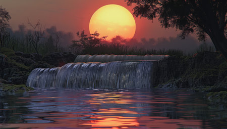 A serene waterfall cascades into a still pond, bathed in the warm glow of a setting sun Lush greenery and a tranquil atmosphere create a peaceful and picturesque scene AI Generativeの素材