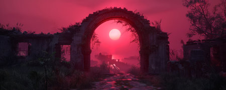 A haunting, red-hued sunset casts a shadow over a crumbling stone archway, beckoning the viewer to explore the mysteries beyond AI Generativeの素材