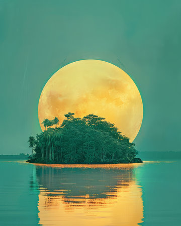 A serene island silhouetted against a luminous full moon, casting an ethereal glow upon the tranquil waters The vibrant greens of the island and the warm hues of the moon create a captivating contrast  This photo evokes a sense of peace and mystery, perfect for nature-inspired designs AI Generativeの素材