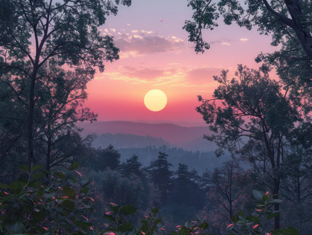 A breathtaking sunset paints the sky in vibrant hues of pink and orange, casting a golden glow over a distant mountain range The sun peeks through the branches of trees, creating a magical and serene atmosphere AI Generativeの素材
