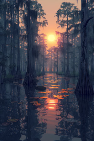 A mystical swamp scene at sunset The water is calm and still, reflecting the orange glow of the setting sun Tall cypress trees line the banks of the swamp, their branches draped with Spanish moss The air is thick with humidity and the smell of pine This photo is perfect for adding a touch of mystery and beauty to your next project AI Generativeの素材