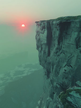 A breathtaking view of a cliff edge, with a mesmerizing sunset in the distance The fog and mountains create a sense of mystery and wonder, perfect for a dramatic landscape image AI Generativeの素材