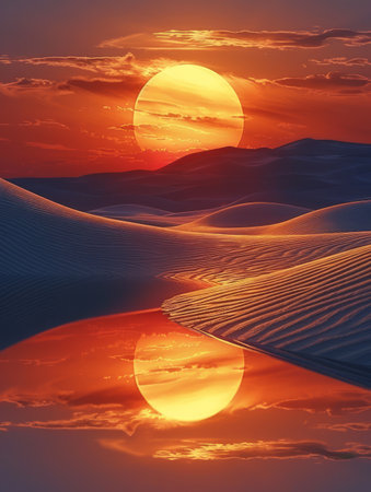 A breathtaking sunset over a desert landscape, with a large, fiery sun reflected in a small pool of water The scene is both serene and awe-inspiring, capturing the beauty of nature at its most dramatic AI Generativeの素材