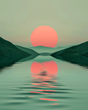 A serene landscape with a large, pink sun setting over a still lake, reflected in the water  The mountains in the distance are silhouetted against the sky  The image evokes a sense of peace and tranquility AI Generativeの素材