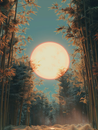 A large, glowing moon hangs above a dense bamboo forest The moonlight bathes the scene in an ethereal glow A path leads through the forest, inviting viewers to explore its mysteries AI Generativeの素材