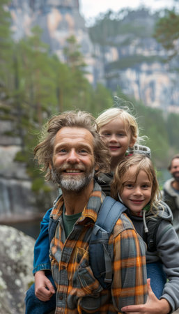 A father carries his two young children on his back while hiking in the mountains The family enjoys a scenic adventure together, surrounded by nature&#39;s beauty AI Generativeの素材