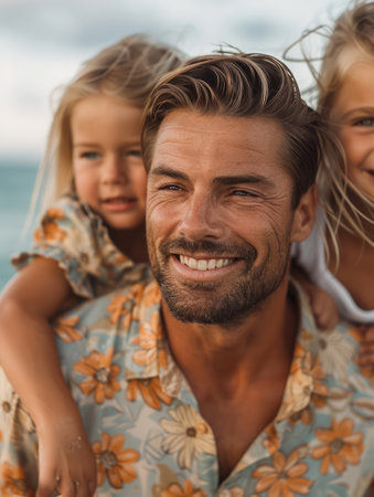 A happy father with his two daughters at the beach He is smiling and looking at the camera, while the girls are looking at the sea  The photo is full of joy and love Perfect for a blog post about family vacations AI Generativeの素材