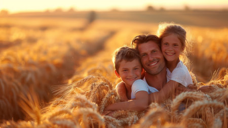A happy family of three enjoys a golden sunset in a field of wheat The father embraces his children, creating a heartwarming image of love and togetherness The warm light and natural setting evoke feelings of joy, peace, and family bonding AI Generativeの素材