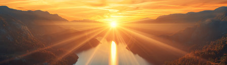 Golden hour sunset over a lake, with mountains and clouds in the background Perfect for travel, nature, and serenity themes AI Generativeの素材