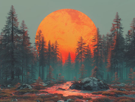 A surreal landscape with a large, glowing orange orb rising above a forest The scene is bathed in a hazy, dreamlike atmosphere, creating a sense of mystery and wonder This photo is perfect for fantasy, sci-fi, or nature-themed projects AI Generativeの素材