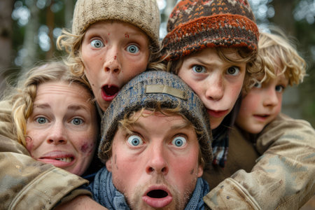 A family of five with surprised expressions, all wearing winter clothing, and standing in a forest The photo is humorous and relatable It would be perfect for a blog post about family adventures or a website promoting winter activities AI Generativeの素材