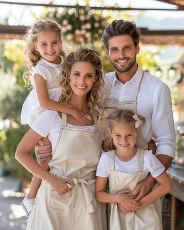 A happy family of four wearing aprons, standing together in a garden setting The father is smiling at the camera, while the mother has her arm around their younger daughter The older daughter is sitting on her mother's shoulders  The photo is perfect for showcasing family values, teamwork, and togetherness AI Generativeの素材