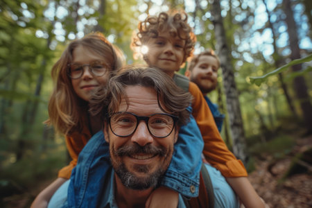 A happy family enjoys a day out in the woods The father carries two children on his back while the other child stands in front of him They all smile and look at the camera The photo is perfect for a variety of uses, including family-oriented websites, magazines, and advertising AI Generativeの素材