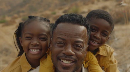 A happy Black father and his two children smiling for the camera The father is holding his daughter on his back and his son is standing next to him They are outdoors in a natural setting AI Generativeの素材