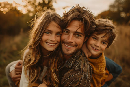 A father smiles warmly as he holds his son and daughter close, creating a heartwarming scene of family love and togetherness The photo captures a moment of genuine happiness and connection AI Generativeの素材