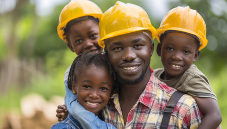 A happy Black father and his three children smiling at the camera while wearing yellow hard hats The photo represents family, hard work, and construction AI Generativeの素材