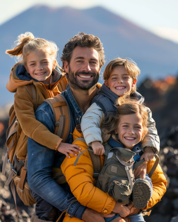 A happy father on a hike with his three children, all smiling and enjoying the outdoor adventure The photo captures the joy of family bonding and the beauty of nature AI Generativeの素材