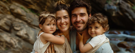 Happy family of four smiling at the camera, enjoying a day outdoors The children are hugging their parents  A great image for family, love, and happiness AI Generativeの素材