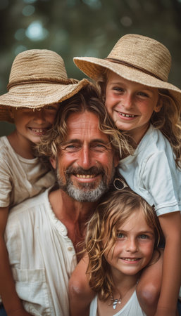 A happy father with his three children, all smiling and looking at the camera The family is outdoors in a natural setting The photo captures the love and joy of family life AI Generativeの素材