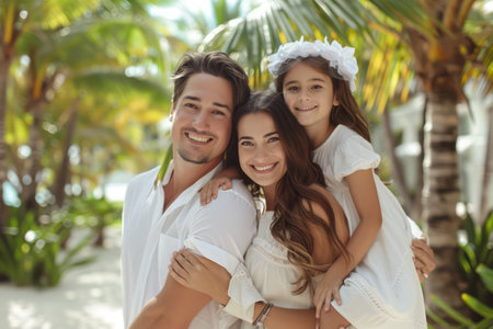 A happy family of three poses for a photo shoot in a tropical location The father is holding the mother and daughter in his arms They are all smiling and looking at the camera The photo is perfect for illustrating themes of family, love, and happiness AI Generativeの素材