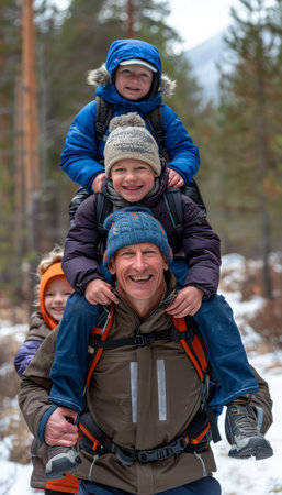 A father carries two children on his shoulders while another child walks in front of them, all smiling, on a hike in a snow-covered forest The photo conveys a sense of family togetherness, adventure, and winter fun AI Generativeの素材