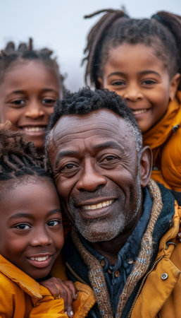 A loving grandfather beams with pride as his three grandchildren surround him The family's genuine joy and warmth radiate through the image, capturing the essence of intergenerational love and connection  This heartwarming photograph is perfect for themes of family, love, and legacy AI Generativeの素材