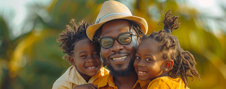 A happy father with his two young children, all smiling and looking at the camera  The father is wearing a hat AI Generativeの素材