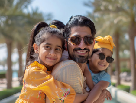 A happy father with his two daughters, smiling and hugging each other, outdoors in a sunny location They are all wearing yellow and blue clothing, with the father wearing sunglasses  The photo exudes joy and family love AI Generativeの素材