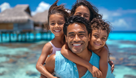 A happy family of four enjoys a tropical vacation The father carries his two children on his back, while the mother smiles in the background  The turquoise water and white sand create a perfect backdrop for a memorable family moment  The photo is full of joy and love, showcasing the beauty of a family vacation AI Generativeの素材