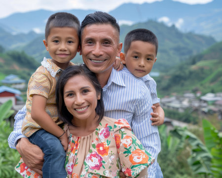 A happy family of four, a father holding his two young sons, pose for a portrait in front of a scenic mountain backdrop The family is smiling and looking at the camera AI Generativeの素材