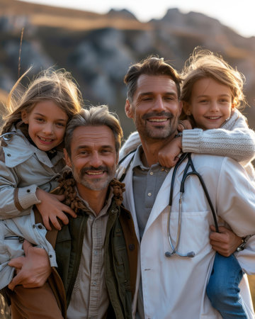 Two dads, both smiling, carrying their daughters on their shoulders One dad is a doctor wearing a white coat The photo captures the joy and love of a family  Perfect for themes of fatherhood, family, and healthcare AI Generativeの素材