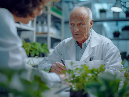 Two scientists in a lab, one senior and one junior, discuss research and results over a table The focus is on the senior scientist, who looks intently at a document This photo depicts collaboration, expertise, and scientific inquiry AI Generativeの素材