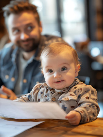 A curious baby sitting at a table in a restaurant, holding a menu while their father looks on with a smile This image is perfect for depicting family time, dining out, or the joy of having a baby AI Generativeの素材