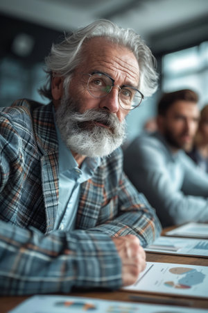 A senior businessman with a beard and glasses sits at a table, listening intently in a meeting He's focused and engaged, with a look of determination  This image embodies leadership, experience, and professionalism AI Generativeの素材