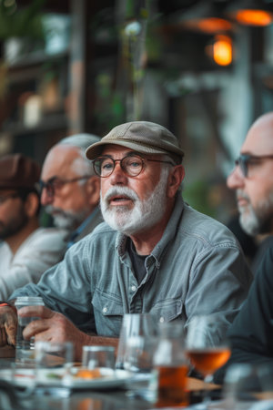 A mature man with a white beard and glasses sits at a table with friends, engaging in conversation The warm lighting and relaxed atmosphere create a sense of camaraderie  He is dressed in casual clothing, making him relatable and approachable  The image is perfect for stories about friendship, community, and enjoying life's simple pleasures AI Generativeの素材