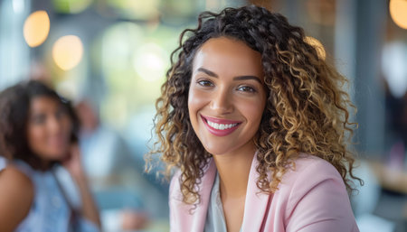 A young woman with curly hair smiles confidently while sitting in a cafe She is wearing a pink blazer and is looking directly at the camera  This photo is perfect for depicting success, confidence, and professionalism AI Generativeの素材