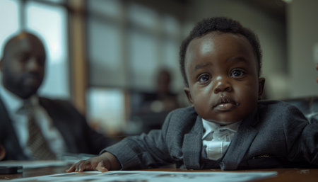 A young boy in a suit sits at a conference table with other business professionals The image captures a sense of curiosity and wonder as the child observes the proceedings around him The photo is a powerful reminder that the future of business is in the hands of the next generation AI Generativeの素材